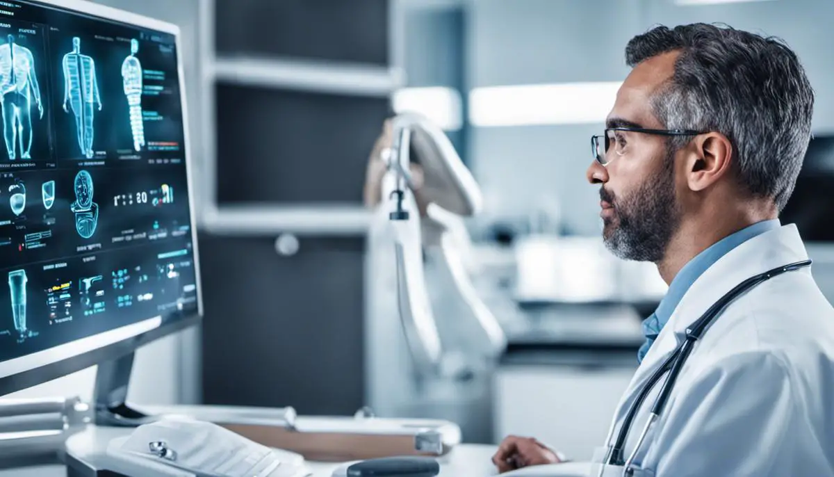 Image depicting the implementation of AI in patient management systems, showcasing a dentist and a computer analyzing patient data.