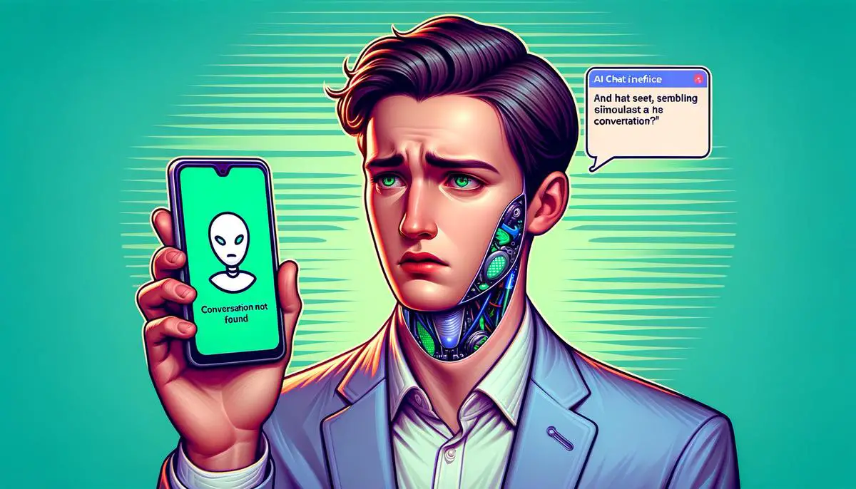 An image depicting a person using an Android device with a puzzled expression while looking at a screen showing the 'Conversation Not Found' error message on a ChatGPT interface.
