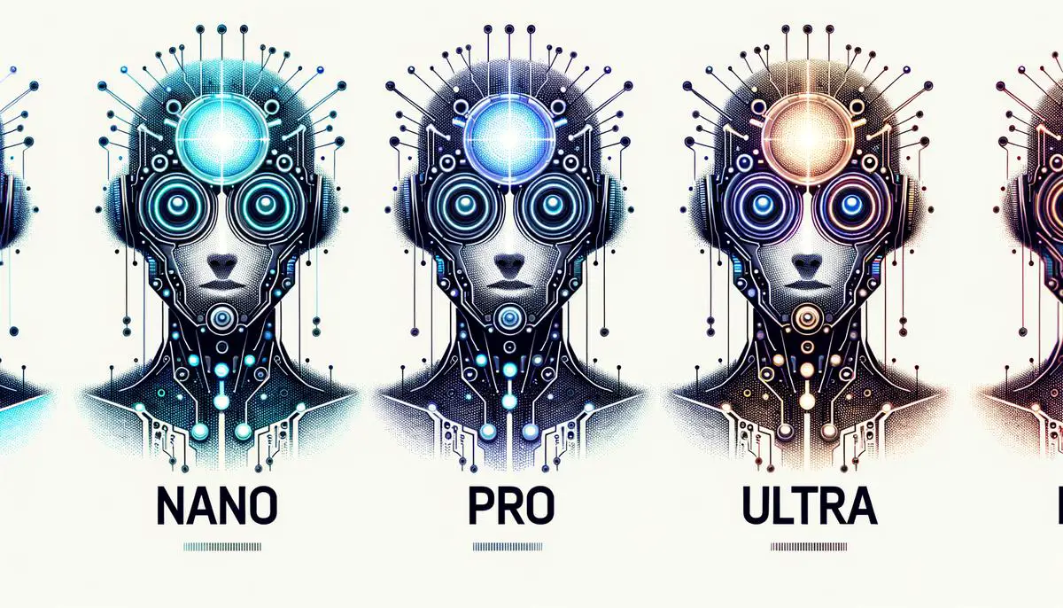 An image showcasing the different versions of Google Gemini AI - Nano, Pro, and Ultra