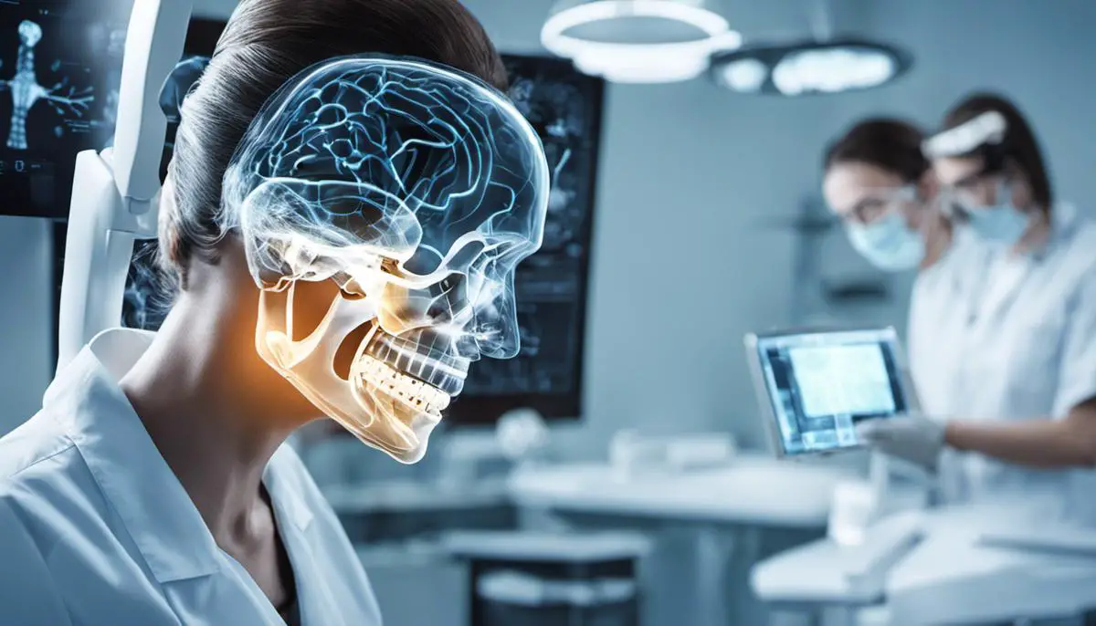 Illustration depicting the integration of artificial intelligence in dentistry, showcasing a dental x-ray and neural network algorithms analyzing the image.