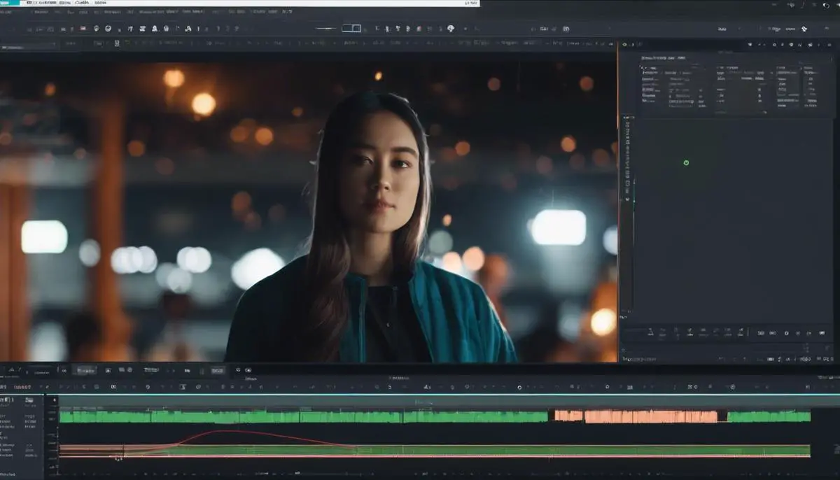 Image of a video editor using AI-driven software to edit a video footage with dashes instead of spaces