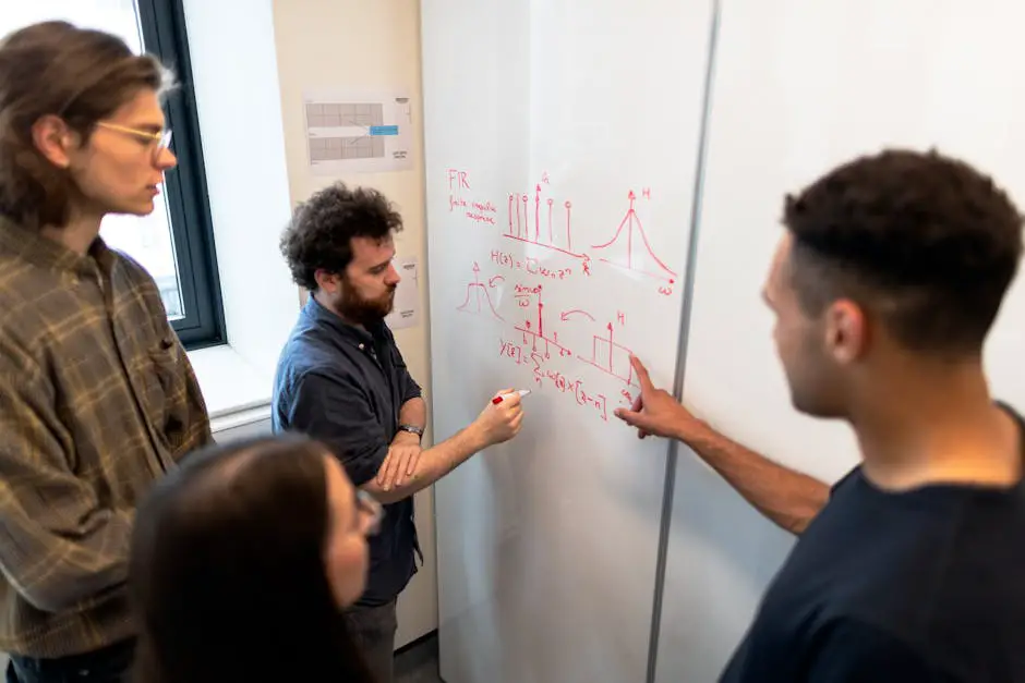 An AI engineer presenting to a diverse group of colleagues, demonstrating communication and teamwork skills