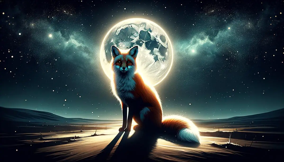 A digital painting of a fox sitting peacefully under a starry, moonlit sky