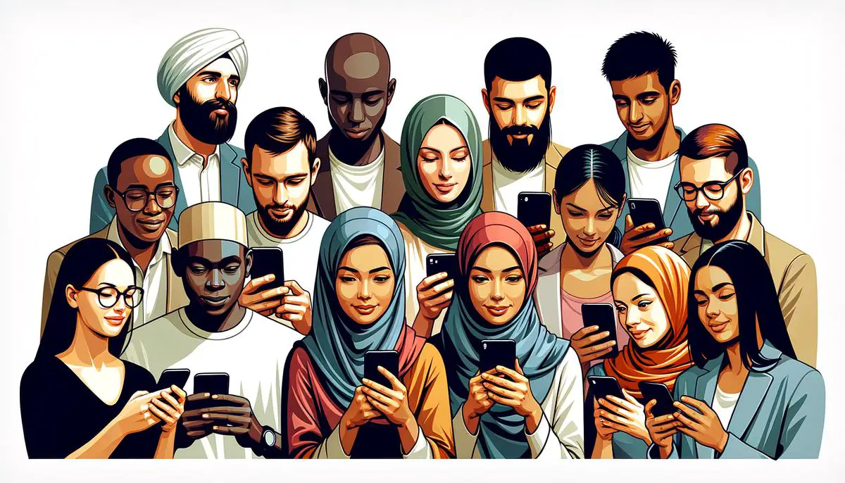 Illustration showing different people using smartphones to communicate in an iMessage group chat