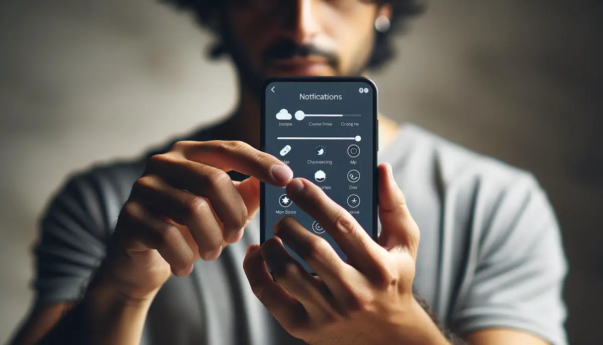 A person holding an iPhone with notification settings open on the screen, showcasing the steps to manage notifications on an iOS device