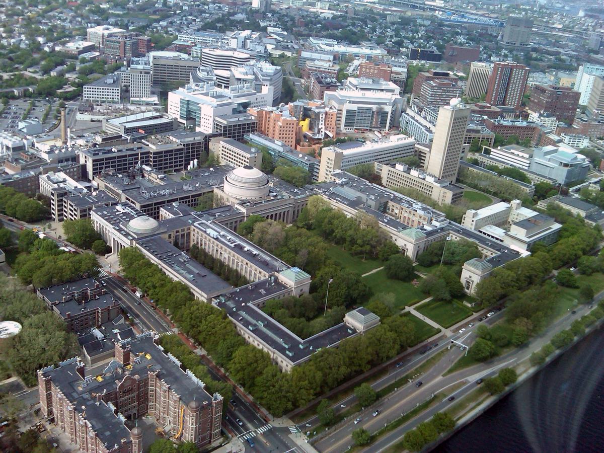 Aerial view of the Massachusetts Institute of Technology campus showcasing modern architecture and green spaces