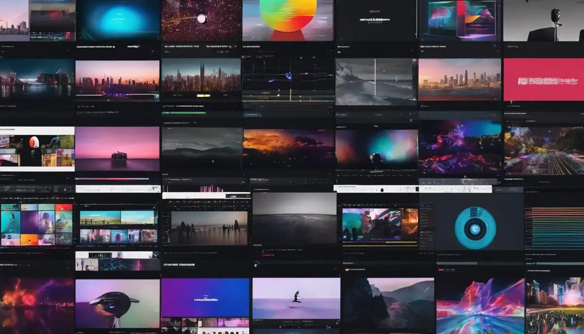 A collage of music video clips and AI algorithms, representing the merging of technology and art in music video editing.