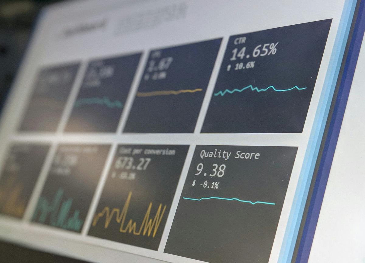 A sleek Microsoft Power BI dashboard displaying various data visualizations on a large computer screen