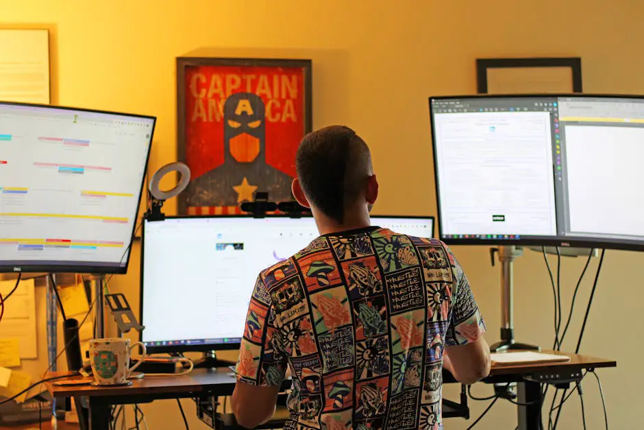 An Indian prompt engineer working remotely from a home office, surrounded by multiple screens displaying AI interfaces